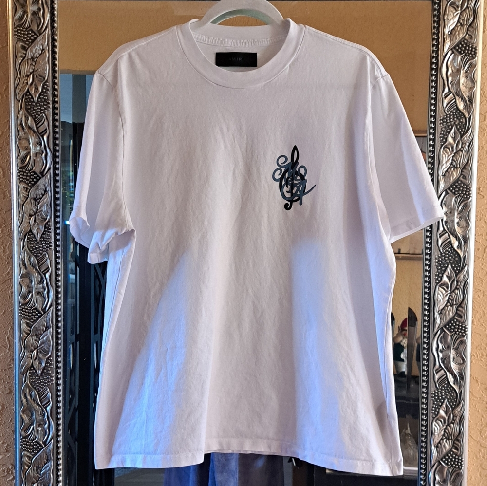 AMIRI XL MENS White Tee with Black/Blue Graphic